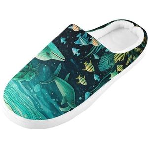 KAAVIYO Oceaan dieren schattige dolfijn cartoon blauwe raket outdoor slippers katoenen huisschoenen winter antislip pluizige voeten slippers voor binnen mannen vrouwen meisje, Patroon, X-Large
