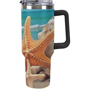 HJUQNGF 40 oz Gepersonaliseerde beker met handvat en stro zeester zeester strand roestvrij staal geïsoleerde bekers herbruikbare auto thermische beker reizen koffiemok voor vrouwen mannen