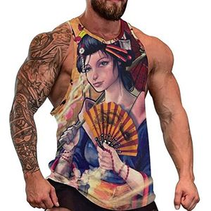Mooie Japanse Geisha heren tanktop grafische mouwloze bodybuilding T-shirts casual strand T-shirt grappige gym spier