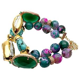 Armbanden 2 rijen meerkleurige agaat witte Biwa parel turquoise kristal bedelarmband (Color : Turquoise)