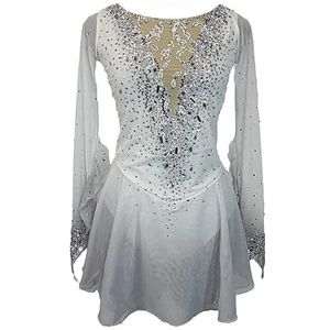 Nnnydjy Wedstrijdjurk voor kunstschaatsen voor dames en meisjes Ballet en gymnastiekpakje sportkleding Handgemaakt kostuum voor kunstschaatsen met applicaties Lange mouwen,Wit,11_13Years