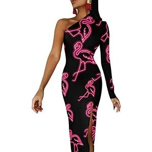 Roze flamingo-neonjurk voor dames, halve mouwen, avondfeest, lange jurken, cocktailjurk, split, bodycon, jurk, M