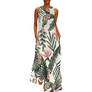 Plumeria bloemen bladeren palmbomen dames enkellengte jurk slim fit mouwloze maxi-jurk casual zonnejurk M