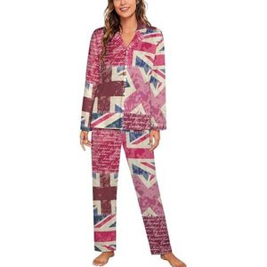 Vintage Londen Britse Vlag Vrouwen Lange Mouw Button Down Nachtkleding Zachte Nachtkleding Lounge Pyjama Set M