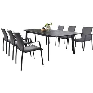 Tuinmeubelset VERANO met 1 tafel (180 - 260 x 103 x 75 cm) en 6 stoelen, zwart/antraciet. Robuust, uittrekbaar, modern design. Meer trefwoorden: outdoor meubels, balkonmeubelset, terrasmeubels