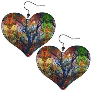 Lederen hart oorbellen,Kleurrijke leven bomen bedrukt lange oorbellen,voor nieuwjaar/Valentijnsdag/sieradencadeau, Eén maat, Kunstleer