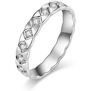 Koude wind roestvrij staal gegraveerde diamanten ruit met diamanten damesring ring fortitanium staal vol diamanten handsieraden (Color : Steel, Size : 10#)