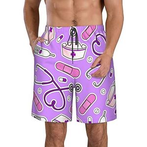 PHTZEZFC Verpleegster patroon paarse print heren strandshorts zomer shorts met sneldrogende technologie, lichtgewicht en casual, Wit, L
