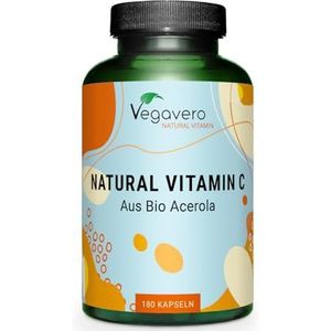 Vegavero NATUURLIJKE VITAMINE C | gemaakt van biologisch acerola-extract | Veganistisch | Zonder toevoegingen | 180 capsules