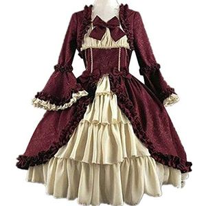 Frolada Gothic Lotila vintage middeleeuwse verkleedjurk voor dames, retro, vierkante hals, strakke taille, middeleeuwse jurk met strikje, cosplay, feest, wijnrood, XXL