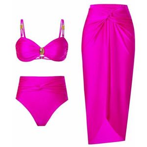 HFYRBDKSPI Dames 3-delige Bikini Sets Spaghetti Bandjes Geplooid Badpak met Strand Cover Up Wrap Rok Sarong,Rose red,L