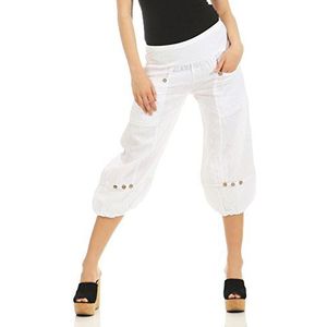 malito dames linnen broek | Stoffen broek in effen kleuren | Vrijetijdsbroek voor het strand | Chino - Capri Broek 1575 (wit, XL)