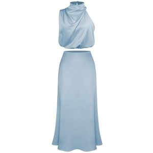Dames 2-delige Outfits Sexy Mouwloze Top met Nephals en Casual Avondjurk met Lange Rok(Color:Blue,Size:XL)