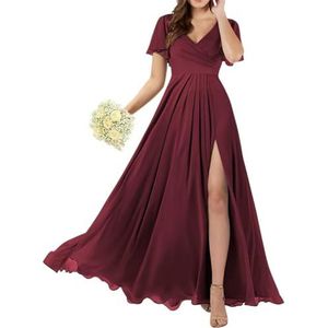 Dames chiffon bruidsmeisjes jurken met split lange galajurken ruches cocktailjurk plus size, Bordeaux, 32