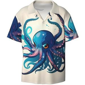 Blauw en Paars Octopus Print Heren Overhemden Atletische Slim Fit Korte Mouw Casual Business Button Down Shirt, Zwart, 3XL