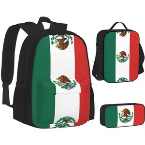 WURTON Rugzak met zebraprint en print, schoolboekentassen set, lunchtas, etui, schoolrugzakken voor meisjes en jongens, Vlag van Mexico, Eén maat