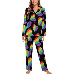 Regenboog Hart Vrouwen Lange Mouw Button Down Nachtkleding Zachte Nachtkleding Lounge Pyjama Set S