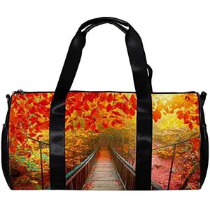 Ronde Gym Sport Duffel Bag met Afneembare Schouderriem Herfstweergave met Houten Brug Over Stream in Deep Forest Training Handtas Nachttas voor Dames en Mannen, Meerkleurig, 45x23x23cm/17.7x9x9in