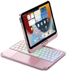 Toetsenbordhoes - Roze - Voor iPad Mini 7 (2024) & Mini 6 (2021) - 360° Draaibaar - 7-Kleuren Verlicht Toetsenbord met Trackpad & Penhouder