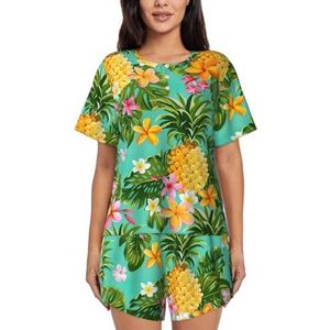 Tropisch fruit ananas print dames zomer zachte tweedelige bijpassende outfits korte mouw pyjama lounge pyjama sets, Zwart, XXL
