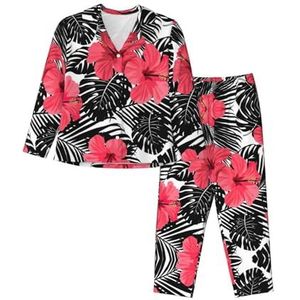 JEJEA Rode Hibiscus print Comfy 2 Stuk Nachtkleding Lounge Set Pyjama Set Lange Mouw Nachtkleding Nachtkleding, Zwart, S