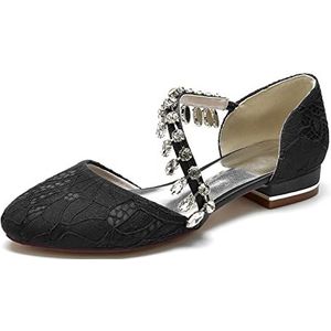 Vrouwen Ronde Neus Kant Bruiloft Flats voor Bruid Slip op Witte Trouwschoenen Avond Prom Party Bruids Flats,zwart,36 EU