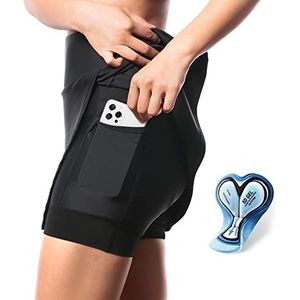 Santic Fietsrok voor dames, met broek, gevoerde fietsbroek, 2-in-1 fietsrok met binnenbroek, fietsbroekrok, sportrok met zitkussen, 4D fietsrok, kort, zwart, XL