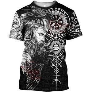 Norse Odin Helm Heren T-shirt, Vintage Viking 3D Print Rune Classic Harajuku Fitness Korte Mouw, Celtic Pagan Outdoor Street Sports Ademende Top (Color : Odin B, Size : XS)