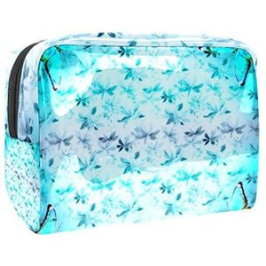 Make-uptas PVC toilettas met ritssluiting waterdichte cosmetische tas met romantische blauwe vlinder kunst bladeren patroon voor vrouwen en meisjes
