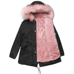 Sawmew Dames warme winterjas, dames winterjas met capuchon, dik gevoerd, warme jas, parka jas, puffer met knopen (Color : Black pink, Size : L)