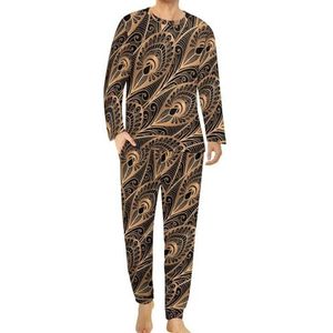 Gouden abstracte pauw veren comfortabele heren pyjama set ronde hals lange mouw loungewear met zakken 5XL
