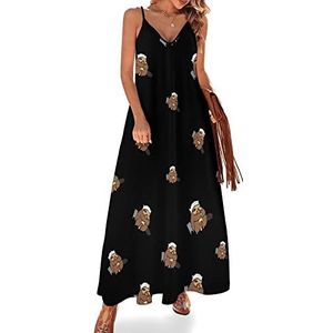 Sloth Love Cats Maxi-jurk voor dames, zomer, V-hals, mouwloos, spaghettibandjes, lange jurk