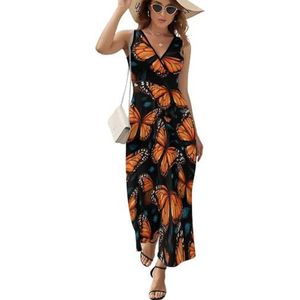 Oranje monarch vlinder dames mouwloze V-hals maxi-jurk casual zomer lange jurk