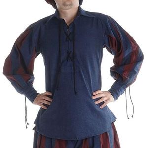 HEMAD Heren Landsknecht-overhemd met kraag en tweekleurige mouwen - Middeleeuws overhemd - Zware katoen - Blauw-Rood L/XL