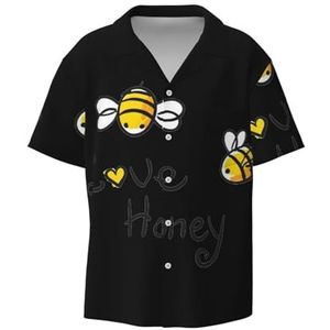 Bee Love Honey Print Heren Korte Mouw Button Down Shirts Casual Losse Fit Zomer Strand Shirts Heren Jurk Shirts, Zwart, XXL