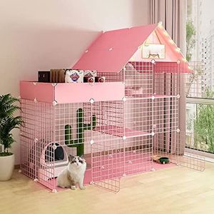 Kattenkooi binnen, grote kattenkooien afneembare kattenbehuizing huisdierkooien voor katten, met kattenhangmat en kattennest, oefenplaats ideaal voor 1-3 kat, roze (maat: 147 x 75 x 146 cm)