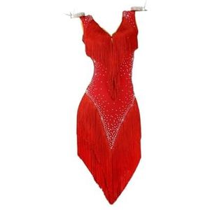 Danskostuums Rode Latin Dance Professionele Fringe Kleding Volwassen Dames Ballroom Competitie Jurk Outdoor Rok Aanpassen Samba Cha-Cha (Color : Red Dress and Ornaments, Size : L)