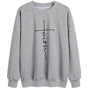 keepmore Dames Inspirerende Sweatshirt Cross Faith Print Lange Mouw Trui, Grijs, L