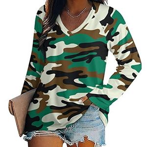 Groen Zwart Camouflage Patroon Vrouwen Lange Mouw V-hals T-shirts Herfst Tops Trui Tuniek Tee voor Leggings