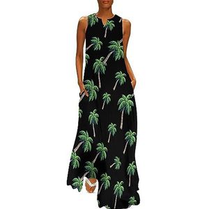 Tropische palmboom dames enkellengte jurk slim fit mouwloze maxi-jurk casual zonnejurk M