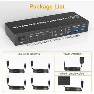 4-poorts +DP-monitorswitch for 4 pc's, 2 monitoren, 4K dual monitor KVM-switch met -microfoonuitgang en 3 USB 3.0-poorten, Uitgebreide compatibiliteit(A)