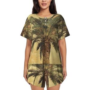 Palmboom Tropische Print Vrouwen Zomer Zachte Tweedelige Bijpassende Outfits Korte Mouw Pyjama Lounge Pyjama Sets, Zwart, 3XL