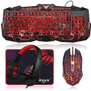 BlueFinger Backlit Gaming Toetsenbord Muis Combo met LED Gaming Headset Over-Ear Hoofdtelefoon 40mm Speaker Driver + Gaming Mouse Mat