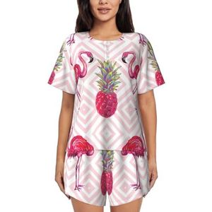 YQxwJL Roze Flamingo Ananas Print Vrouwen Pyjama Sets Shorts Korte Mouw Lounge Sets Nachtkleding Casual Pjs Met Zakken, Zwart, 3XL