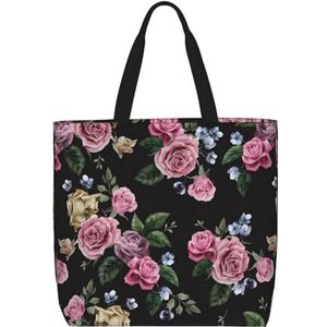SSIMOO Grote witte stippen stijlvolle rits boodschappentassen, schoudertas, de perfecte mix van stijl en gemak, Zwarte Blackgound Rose, Eén maat