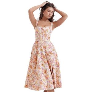 Women's Floral Print Dress Women's Summer Boho Casual Midi Dress Square Neck Strapped Swing A Line Beach Dress (Color : Pink, Size : Large)