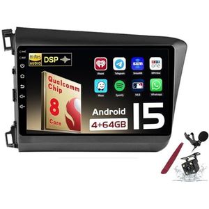 Android 15 Autoradio Sat Navi voor H-onda Civic (2011-2015) 9 Inch Touchscreen Multimedia Speler met Draadloze Carplay GPS Navigatie FM RDS Bluetooth 5G-WiFi SWC DSP,M150s