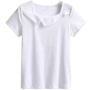 Vrouwen Zomer Korte Mouw Vierkante Kraag T-shirt Tops Vrouwelijke Casual Basic Effen Katoenen Shirts, Wit, M