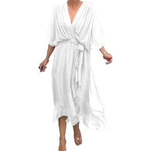 CupitiDU Stijlvolle en elegante maxi-jurk met V-hals, elegante vloeiende chiffon maxi-zomerjurk met korte mouwen voor dames, Wit, 5XL