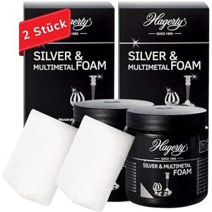 Hagerty Set 2 x Silver & Multimetal Foam schuimreiniger, elk 185 g, effectieve verzorgingspasta voor zilver, metaal, tin, roestvrij staal, chroom, reinigingsmiddel voor vernieuwde glans, incl. spons